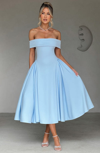 Women’s Off-Shoulder Midi Dress with Folded Neckline and Flared Skirt