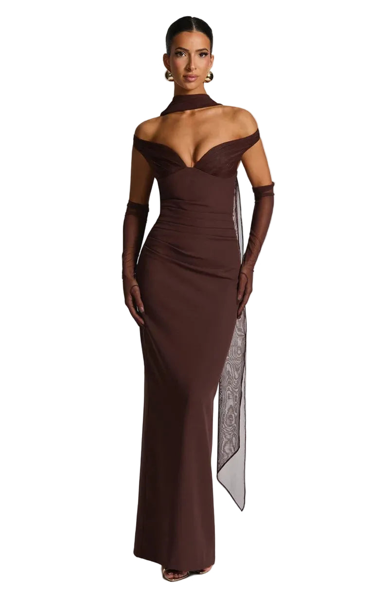 Women’s Off Shoulder Ruched Maxi Dress with Sheer Scarf
