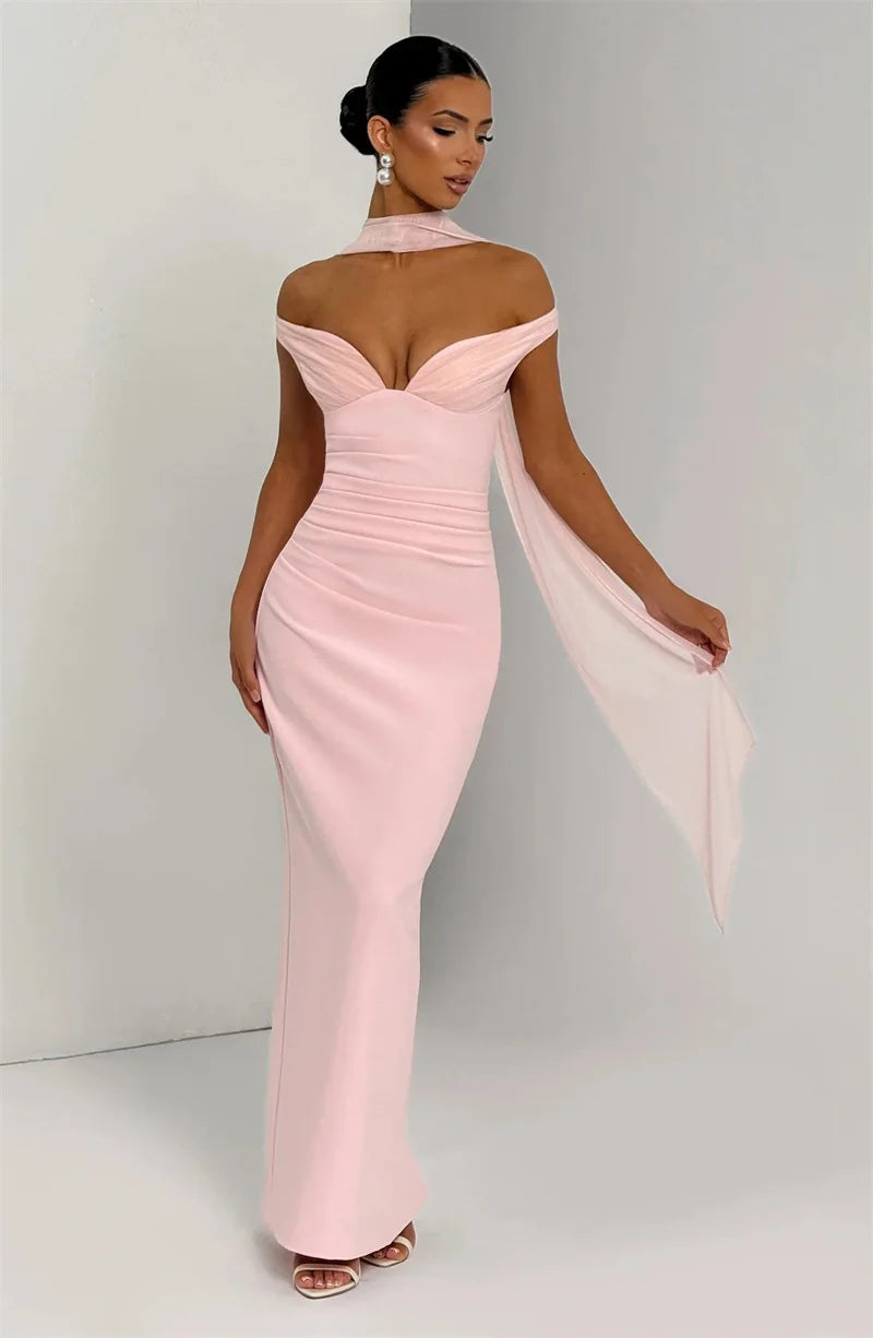 Women’s Off Shoulder Ruched Maxi Dress with Sheer Scarf