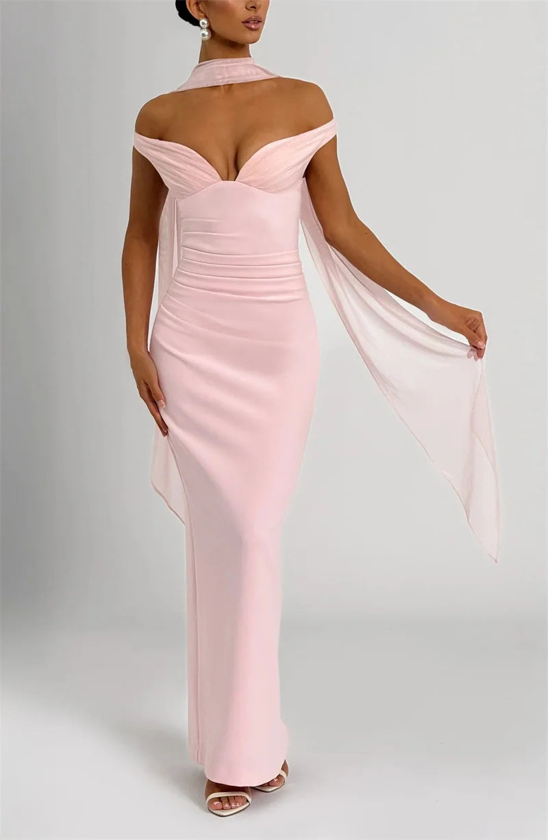 Women’s Off Shoulder Ruched Maxi Dress with Sheer Scarf