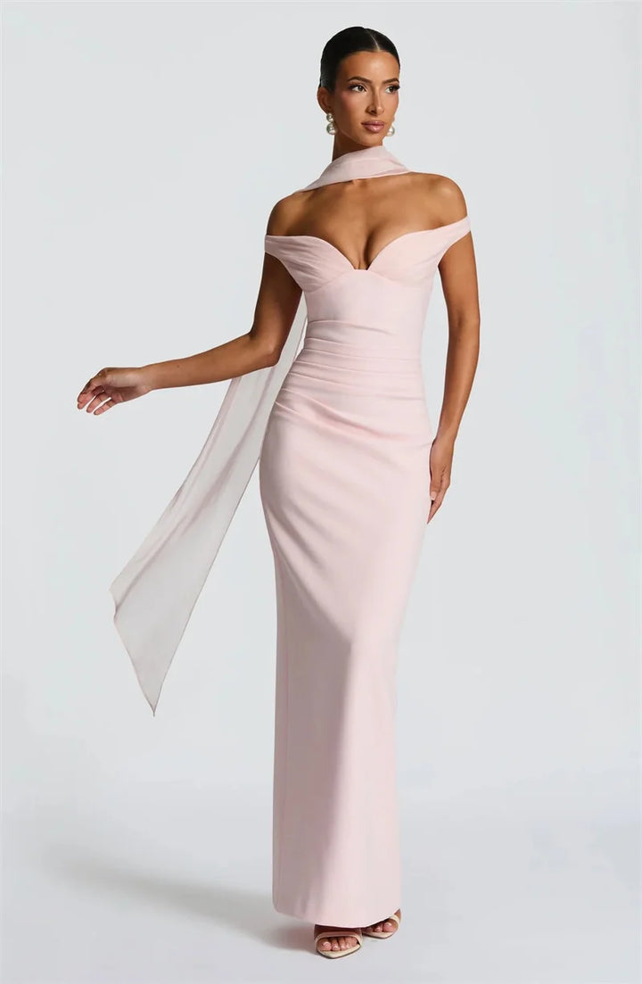 Women’s Off Shoulder Ruched Maxi Dress with Sheer Scarf