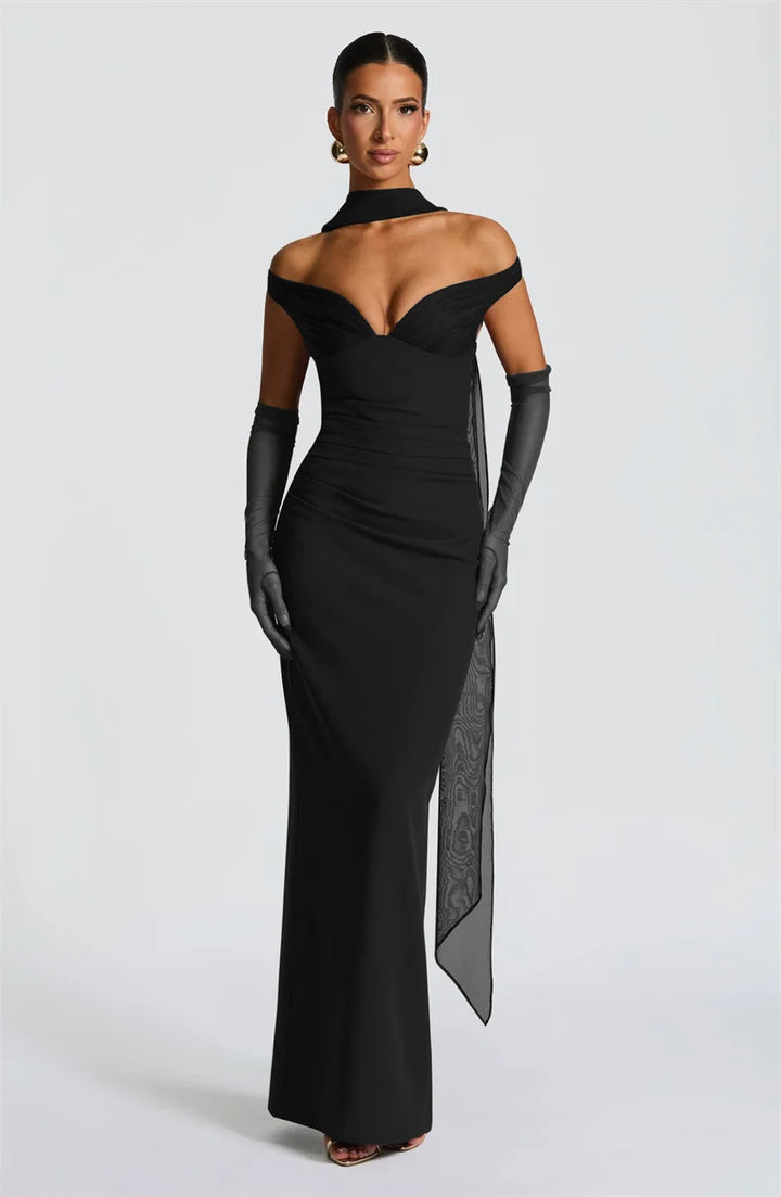Women’s Off Shoulder Ruched Maxi Dress with Sheer Scarf