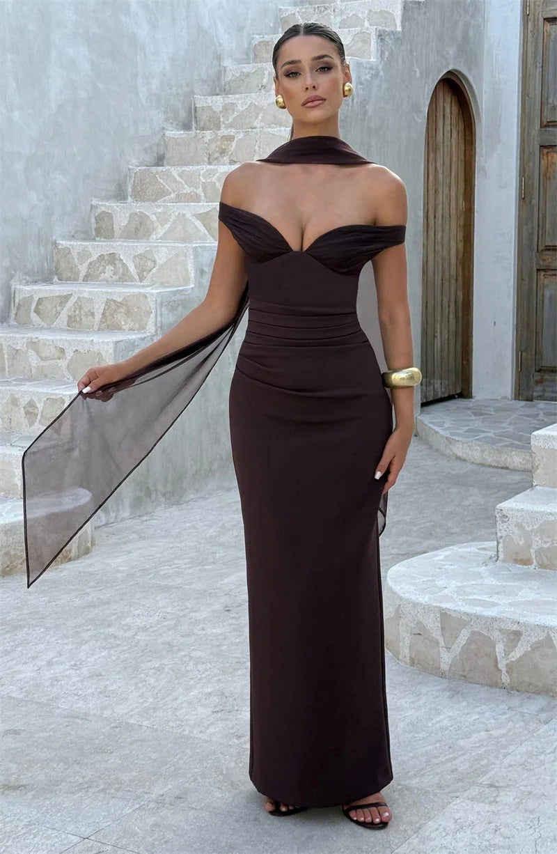 Women’s Off Shoulder Ruched Maxi Dress with Sheer Scarf