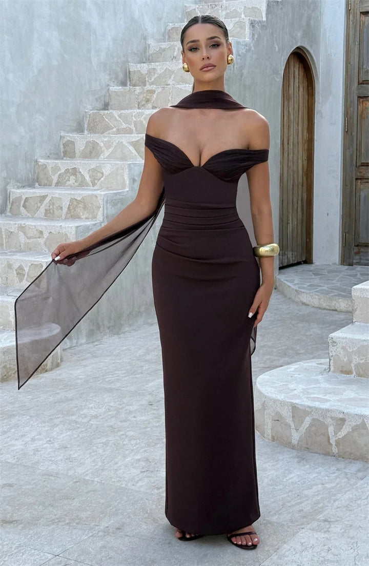 Women’s Off Shoulder Ruched Maxi Dress with Sheer Scarf