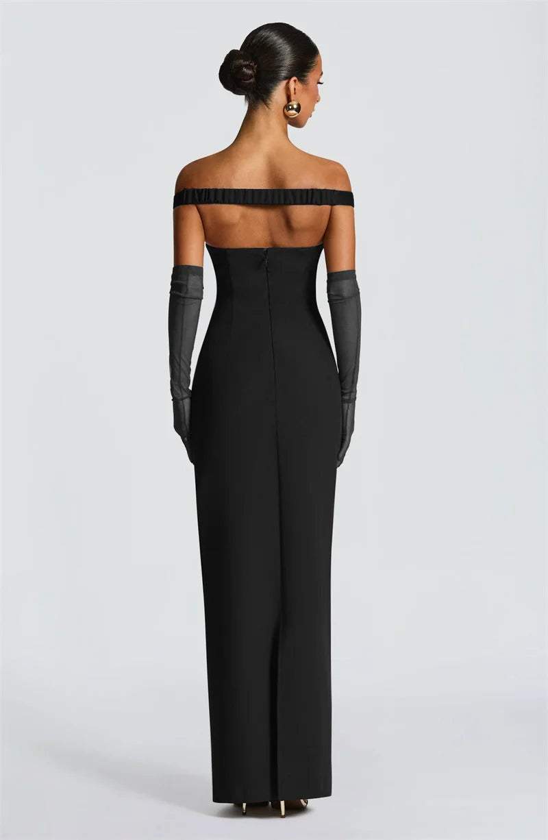 Women’s Off Shoulder Ruched Maxi Dress with Sheer Scarf