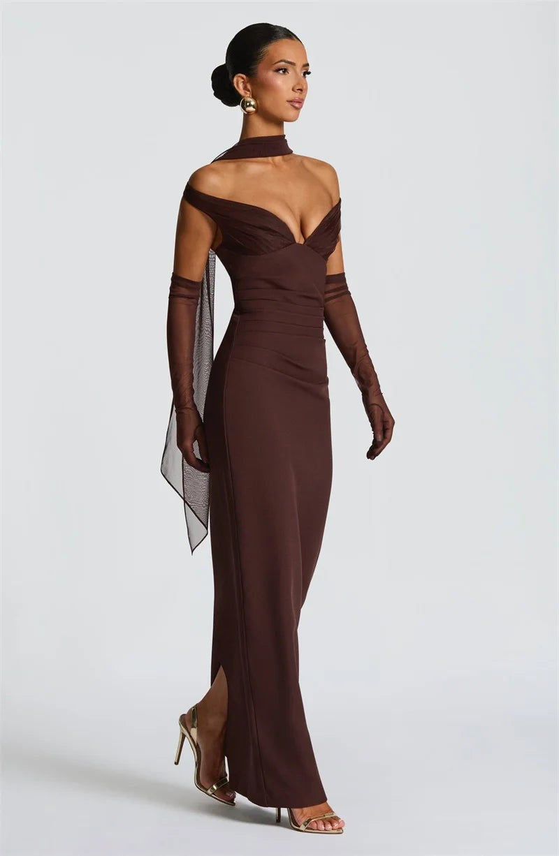 Women’s Off Shoulder Ruched Maxi Dress with Sheer Scarf