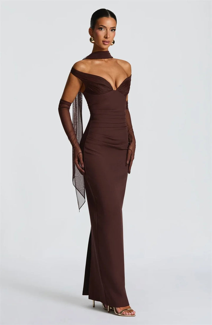 Women’s Off Shoulder Ruched Maxi Dress with Sheer Scarf