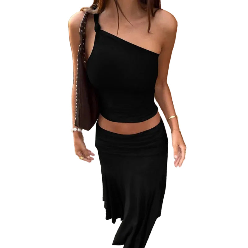 Women’s One-Shoulder Crop Top and Midi Skirt Set