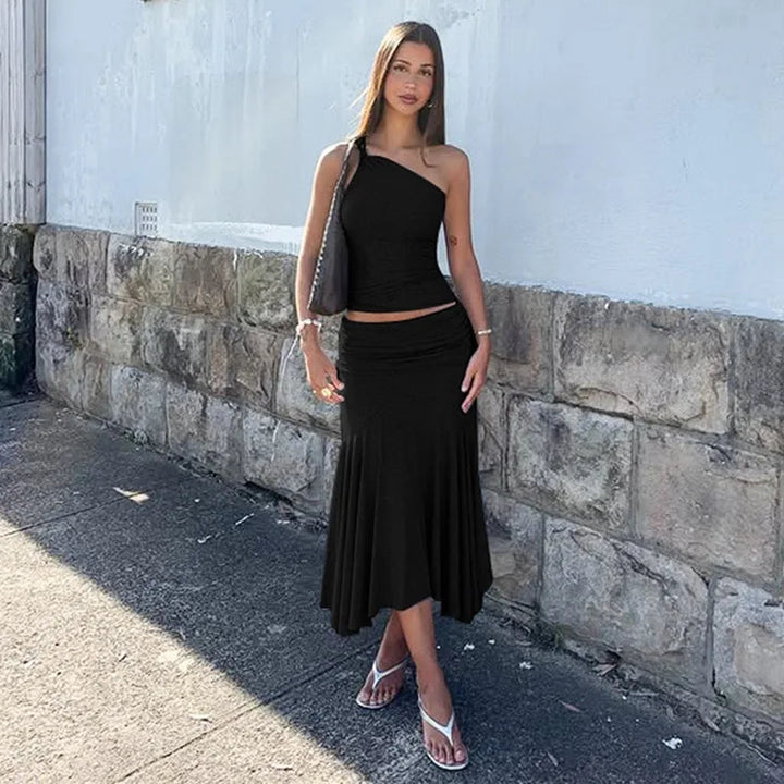 Women’s One-Shoulder Crop Top and Midi Skirt Set