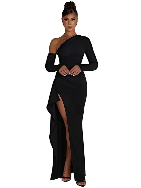 Women’s One Shoulder Long Sleeve Maxi Dress with Side Slit