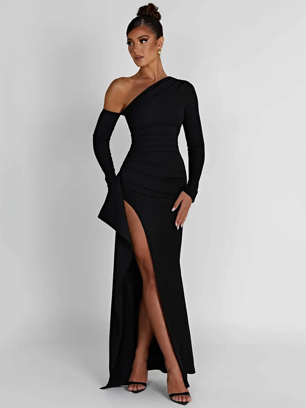 Women’s One Shoulder Long Sleeve Maxi Dress with Side Slit