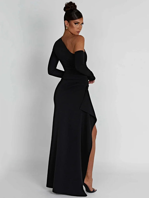 Women’s One Shoulder Long Sleeve Maxi Dress with Side Slit
