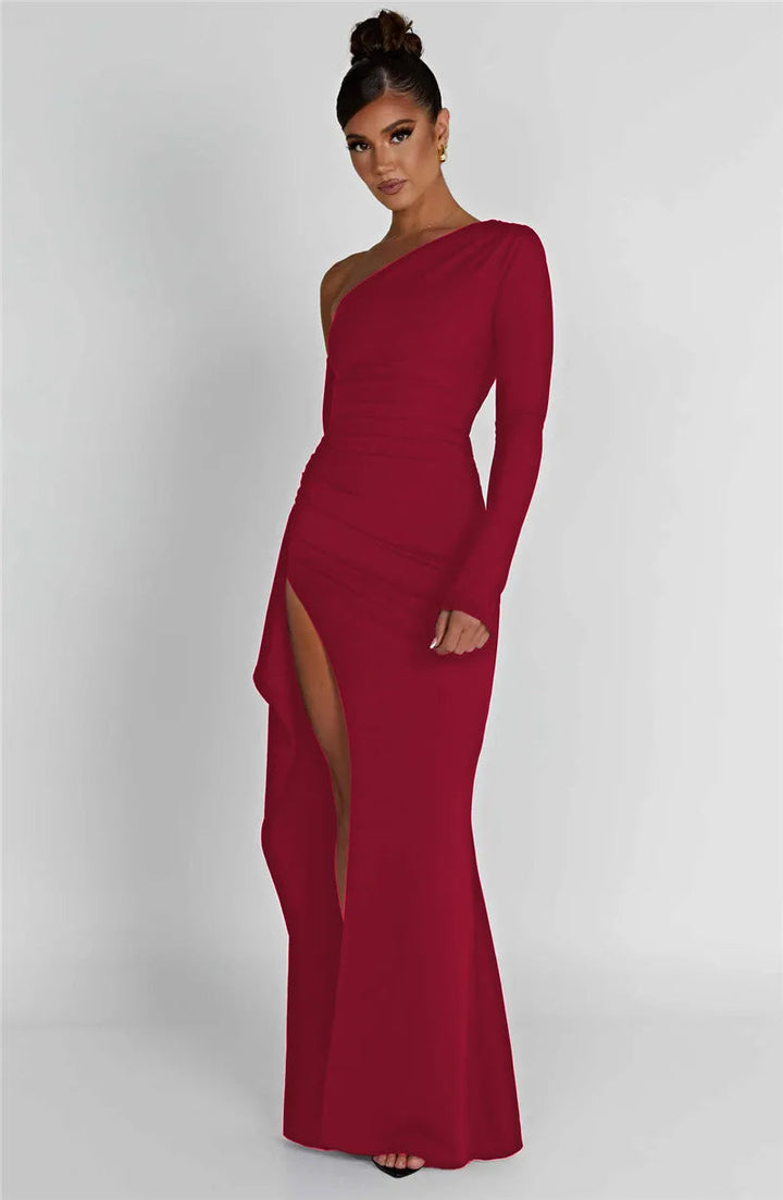 Women’s One Shoulder Long Sleeve Maxi Dress with Side Slit