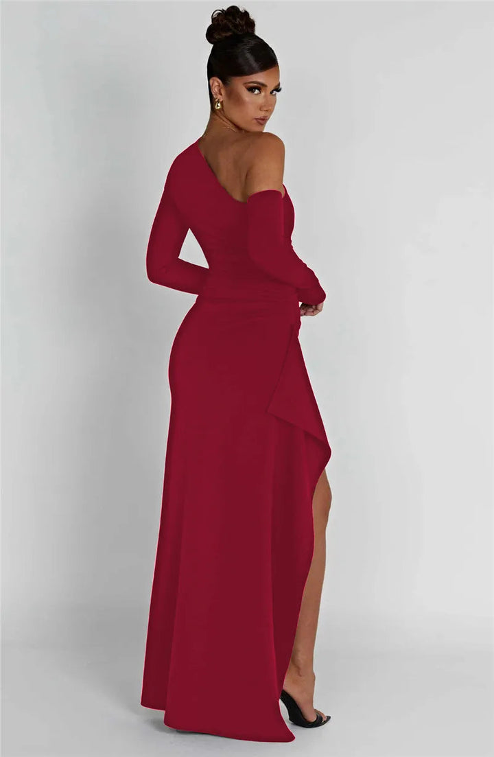 Women’s One Shoulder Long Sleeve Maxi Dress with Side Slit