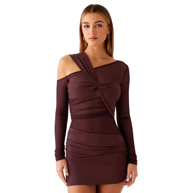Women’s One-Shoulder Long Sleeve Mini Dress with Twist Detail