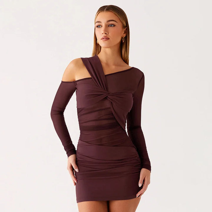 Women’s One-Shoulder Long Sleeve Mini Dress with Twist Detail