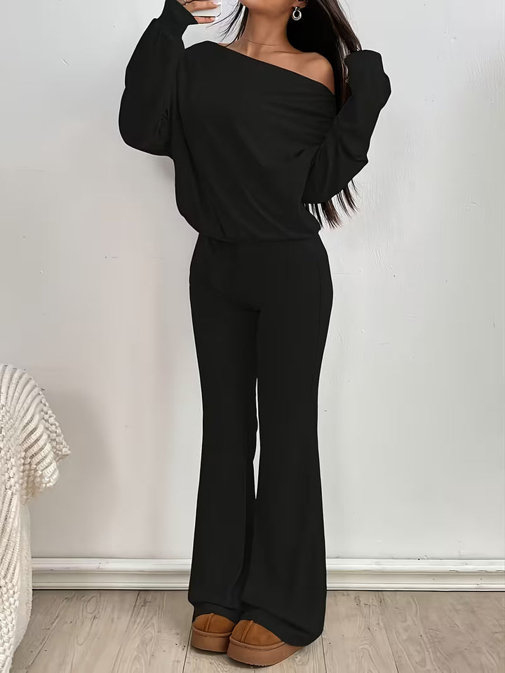 Women’s One-Shoulder Long Sleeve Top and Wide Leg Trousers Set