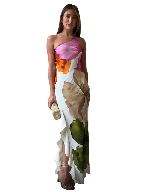 Women’s One-Shoulder Maxi Dress with Floral Print