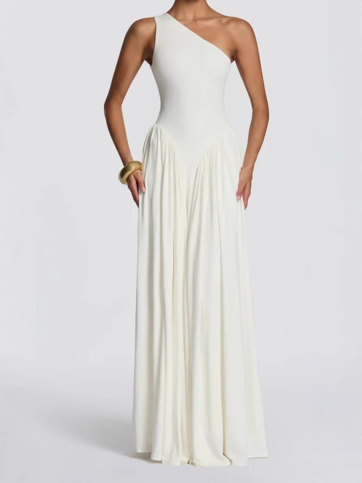 Women’s One-Shoulder Maxi Dress with Pleated Skirt and Fitted Bodice