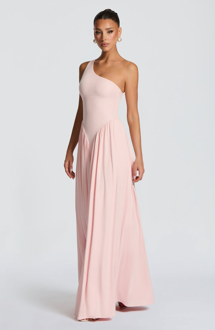 Women’s One-Shoulder Maxi Dress with Pleated Skirt and Fitted Bodice