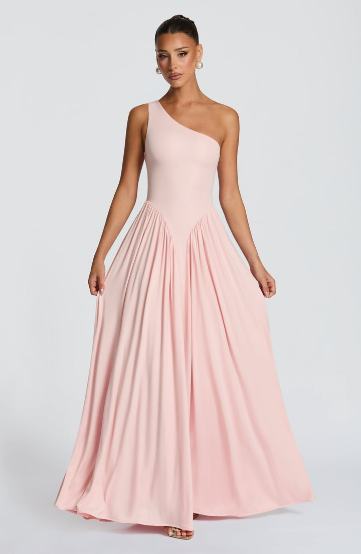 Women’s One-Shoulder Maxi Dress with Pleated Skirt and Fitted Bodice