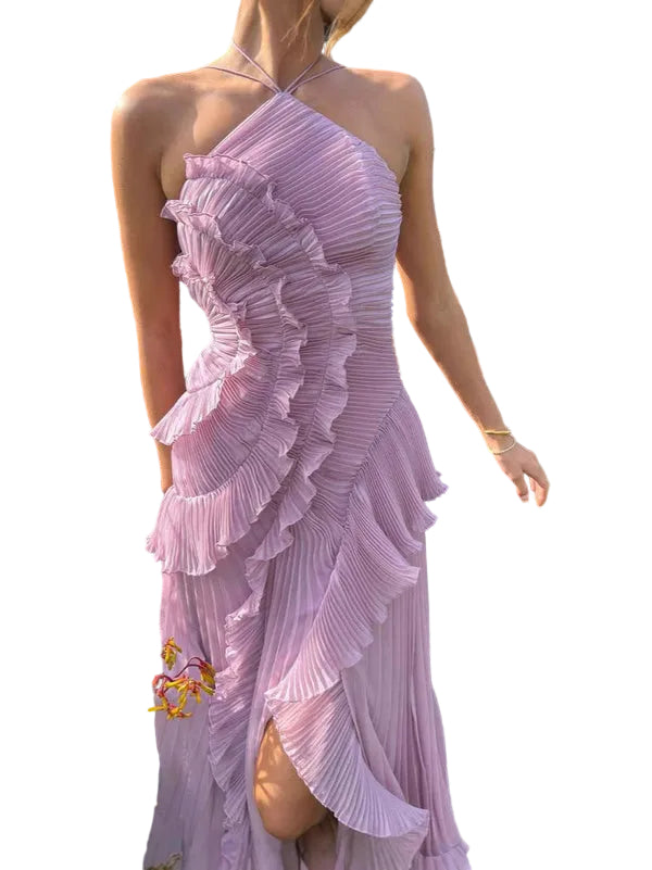 Women’s One Shoulder Ruffle Maxi Dress with Pleated Skirt
