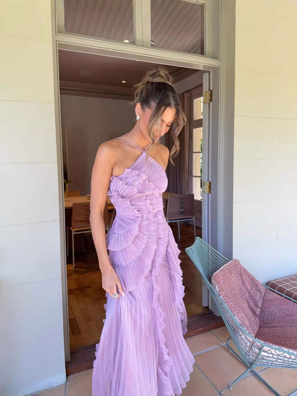 Women’s One Shoulder Ruffle Maxi Dress with Pleated Skirt