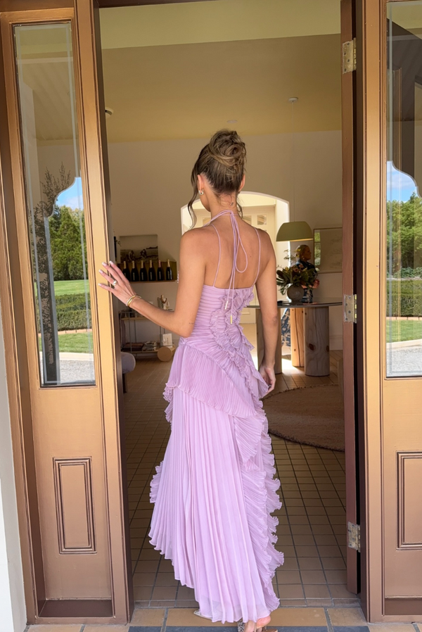 Women’s One Shoulder Ruffle Maxi Dress with Pleated Skirt