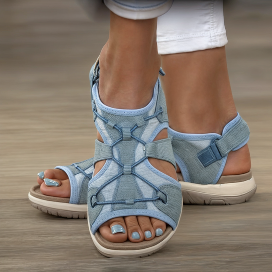Women’s Open Toe Flat Sandals with Multi Strap Design and Hook and Loop Closure