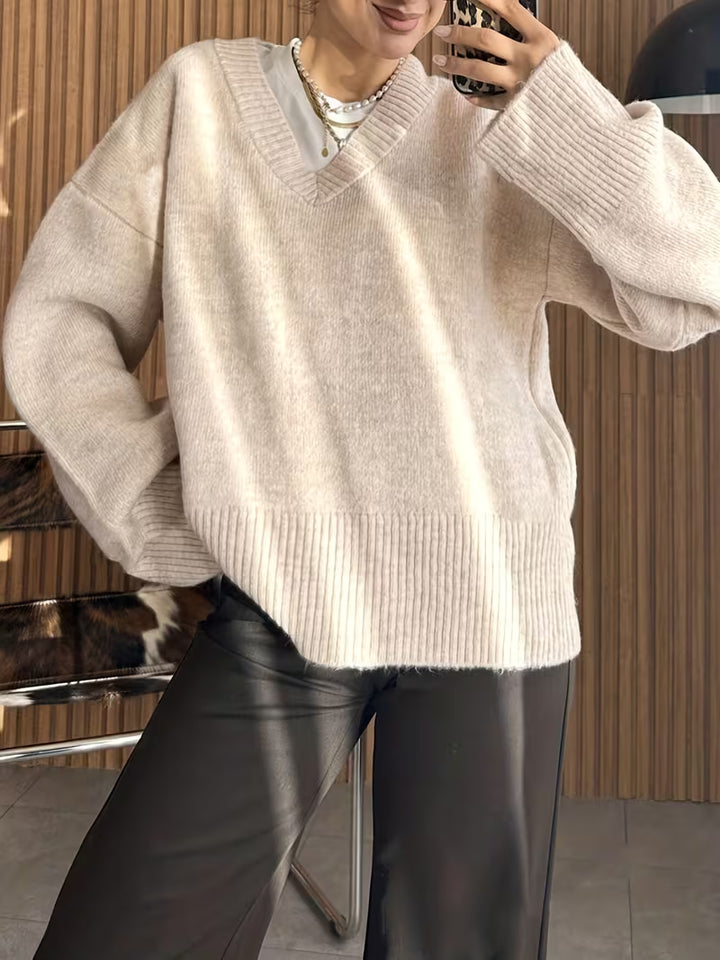 Women’s Oversized V-Neck Ribbed Knit Sweater