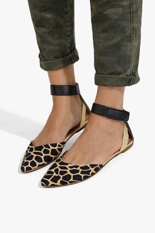 Women’s Pointed Toe Flat Shoes with Ankle Strap and Patterned Upper