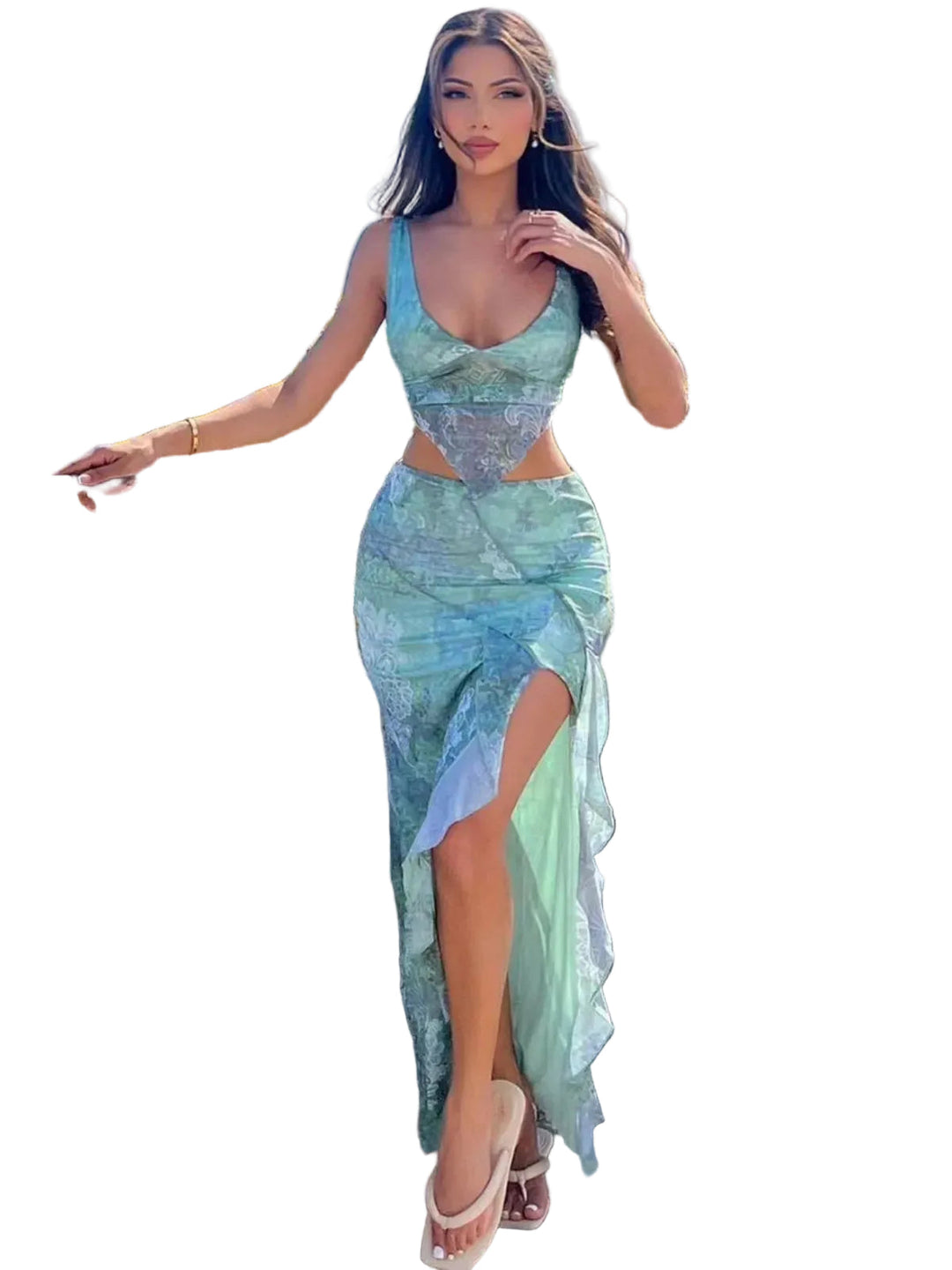 Women’s Printed Cut-Out Maxi Skirt and Crop Top Set