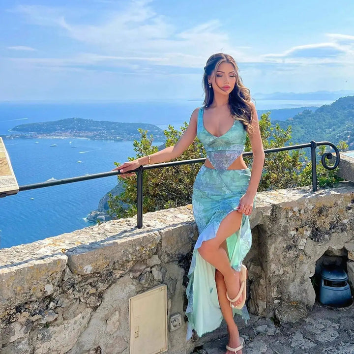 Women’s Printed Cut-Out Maxi Skirt and Crop Top Set
