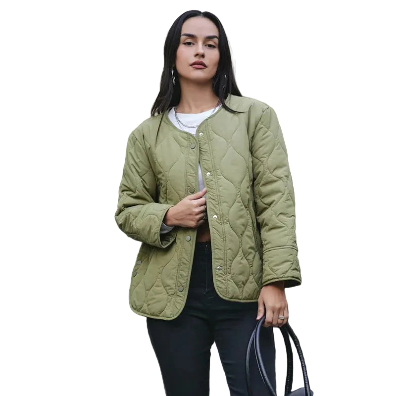 Women’s Quilted Button-Front Jacket with Round Neck