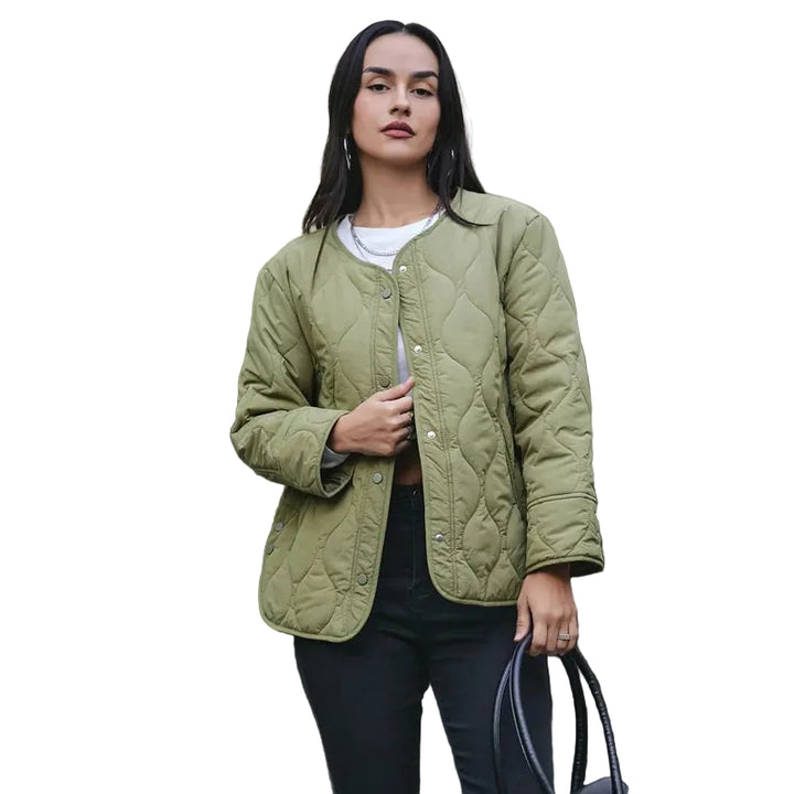 Women’s Quilted Button-Front Jacket with Round Neck
