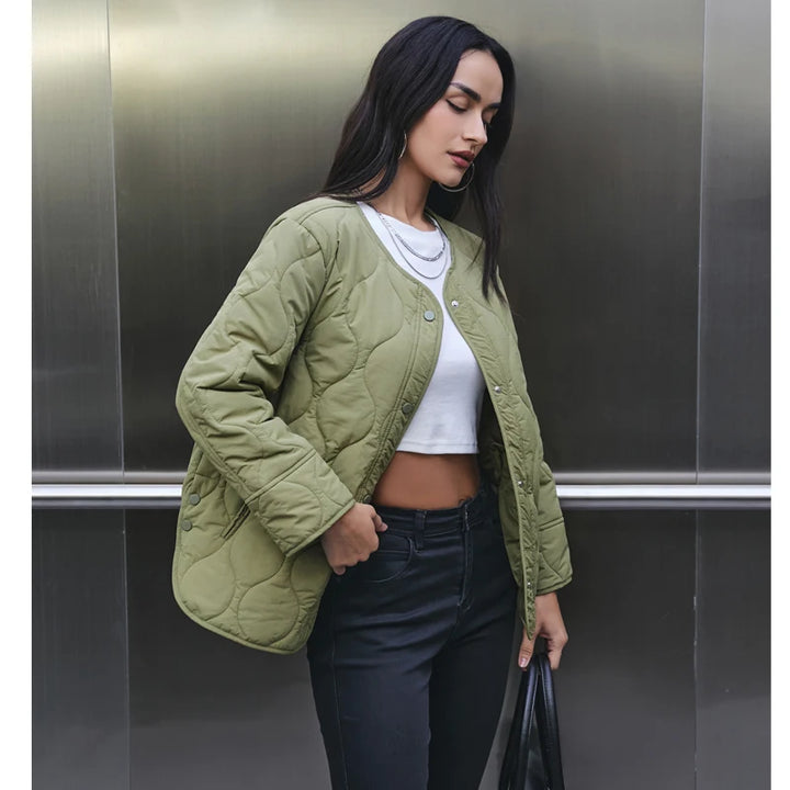 Women’s Quilted Button-Front Jacket with Round Neck