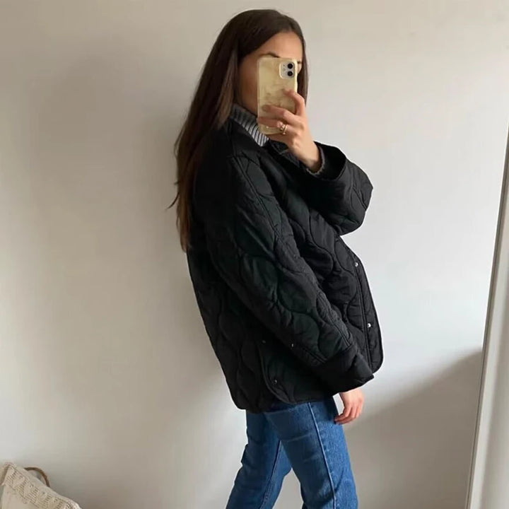 Women’s Quilted Button-Front Jacket with Round Neck