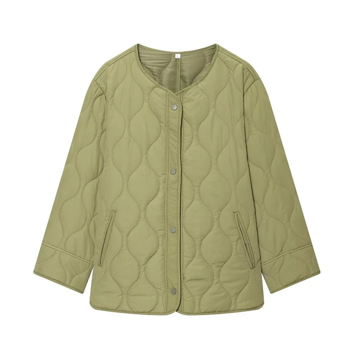 Women’s Quilted Button-Front Jacket with Round Neck