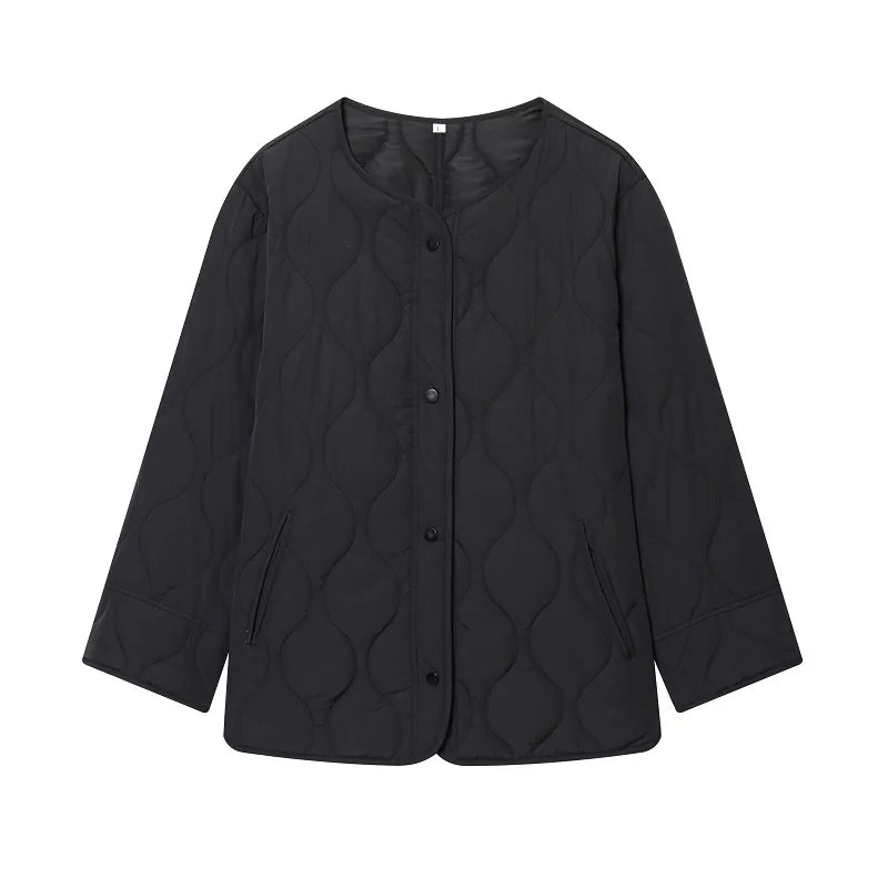 Women’s Quilted Button-Front Jacket with Round Neck