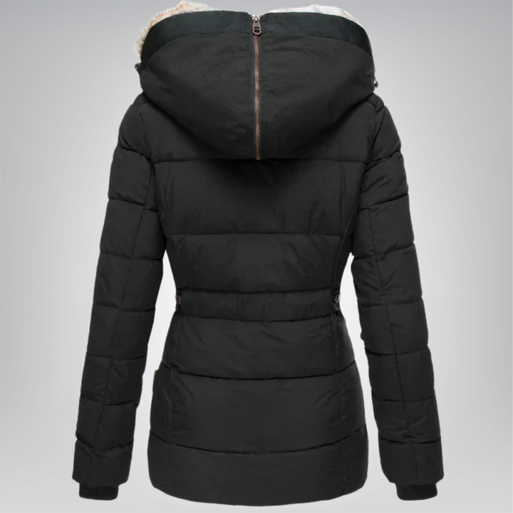 Women’s Quilted Puffer Jacket with Faux Fur Hood and Button Front
