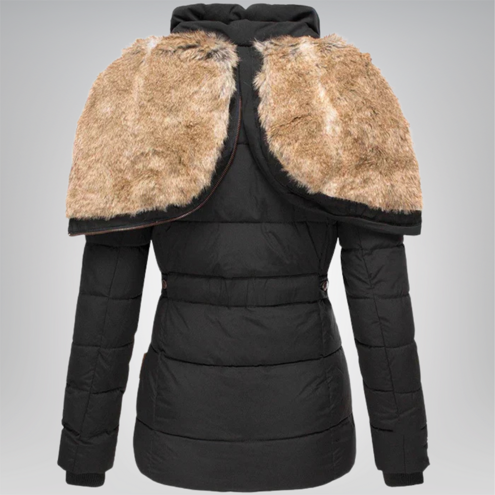 Women’s Quilted Puffer Jacket with Faux Fur Hood and Button Front