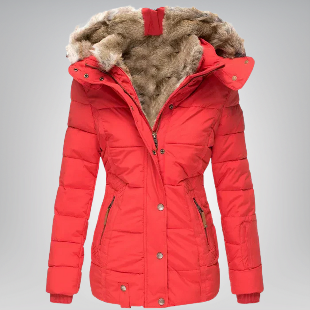 Women’s Quilted Puffer Jacket with Faux Fur Hood and Button Front