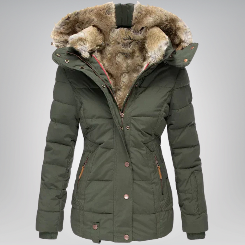 Women’s Quilted Puffer Jacket with Faux Fur Hood and Button Front