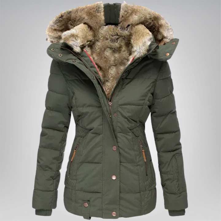 Women’s Quilted Puffer Jacket with Faux Fur Hood and Button Front