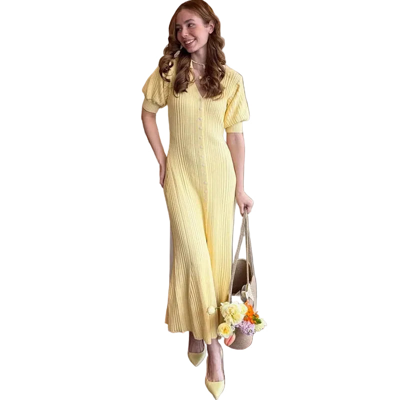 Women’s Ribbed Button-Front Maxi Dress with Short Sleeves