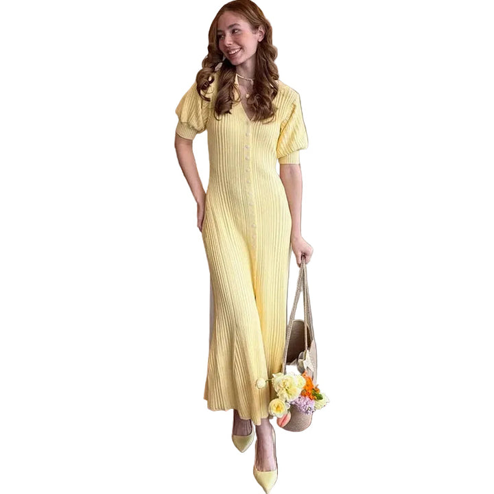 Women’s Ribbed Button-Front Maxi Dress with Short Sleeves