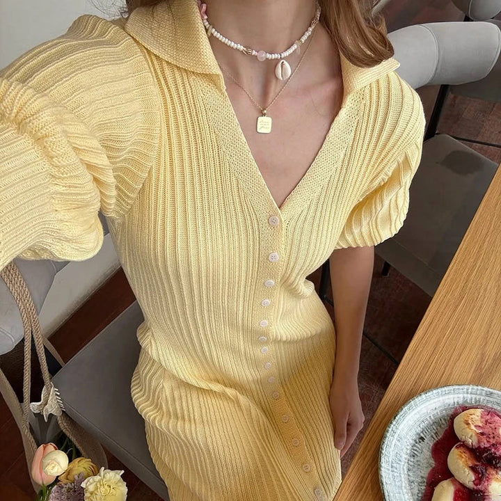 Women’s Ribbed Button-Front Maxi Dress with Short Sleeves
