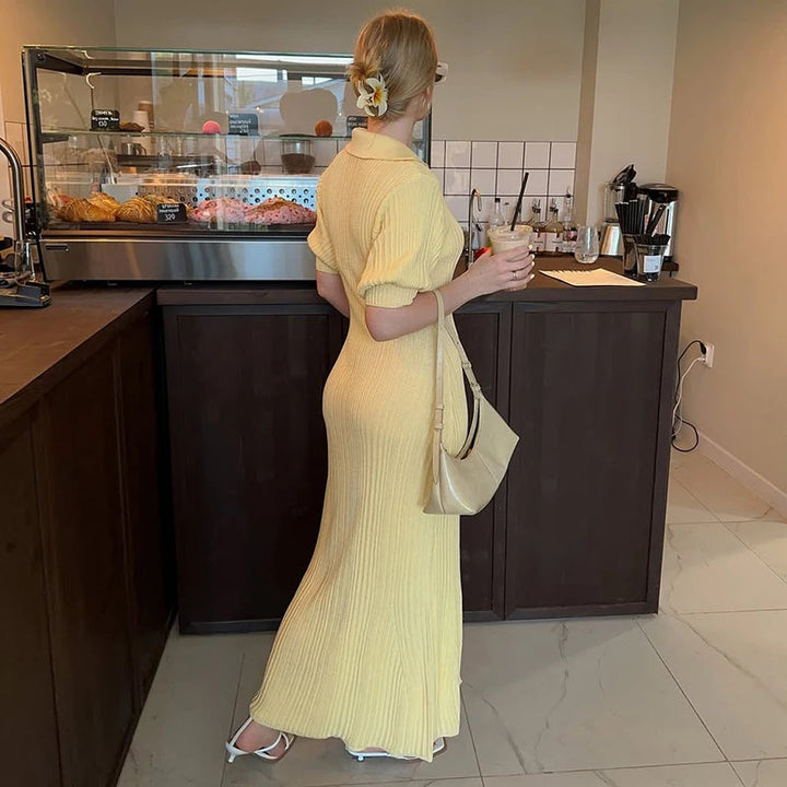 Women’s Ribbed Button-Front Maxi Dress with Short Sleeves