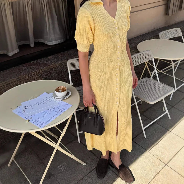 Women’s Ribbed Button-Front Maxi Dress with Short Sleeves