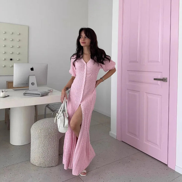 Women’s Ribbed Button-Front Maxi Dress with Short Sleeves